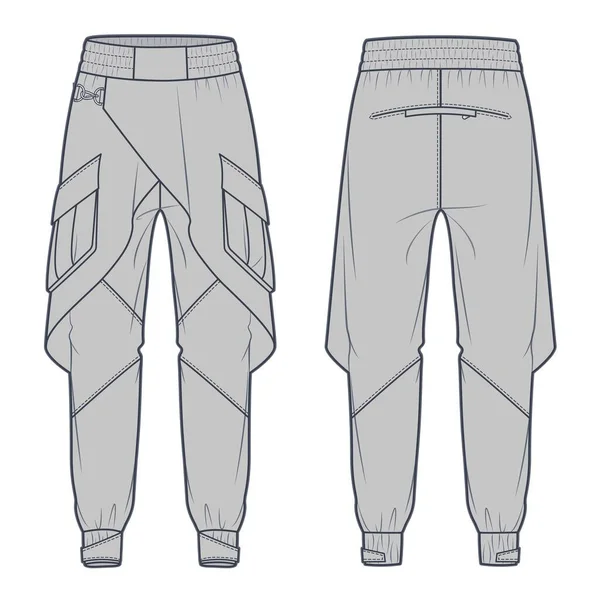 Kargo Pantolonu teknik moda illüstrasyonu. Koşu Koşu Pantolonu Düz teknik çizim şablonu, cepler, elastik kemer, ön ve arka görüş, gri renk, kadınlar, erkekler, unisex CAD model seti. 