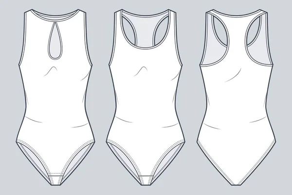 一套紧身衣技术时尚图解 单件泳衣 平面技术制图模板 前后视图 单面运动服Cad模型 — 图库矢量图片
