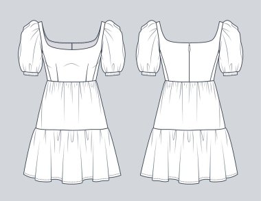  Kare Boyun Elbisesi Teknik Moda İllüstrasyonu. Sıralı moda düz çizim şablonu, mini boy, kabarık kol, ön ve arka görünüm, beyaz, kadın CAD model seti.    