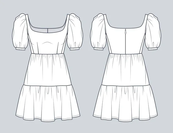 Square Neck Dress Technische Mode Illustration Tiered Dress Mode Flache — Stockvektor