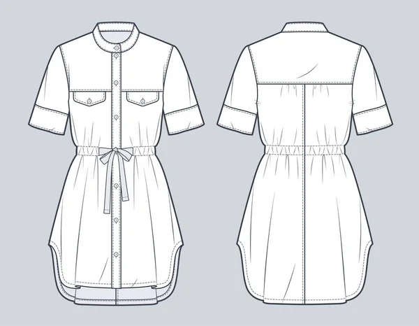 Πουκάμισο Φόρεμα Τεχνική Μόδα Εικονογράφηση Drawstring Φόρεμα Fashion Flat Technical — Διανυσματικό Αρχείο