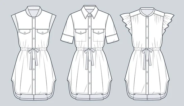 Set Hemdkleid Technische Mode Illustration Kordelzug Mini Kleid Mode Flache — Stockfoto