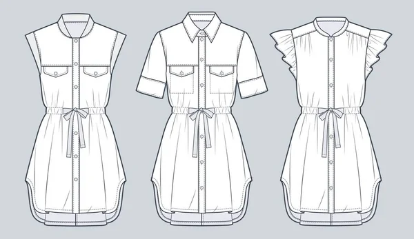 Set Hemdkleid Technische Mode Illustration Kordelzug Mini Kleid Mode Flache — Stockvektor