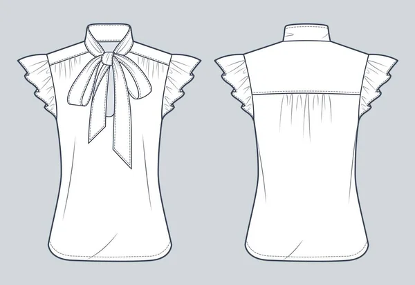 Bow Tie Neck Shirt Technical Fashion Illustration 领带领衫时尚平平技术图纸模板 前后看 女用Cad模型 — 图库矢量图片