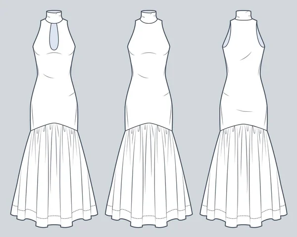 タートルネックマキシは 技術的なファッションイラストをドレスアップ ジャージーのドレス繊維底のファッションフラット技術図面テンプレート スリムフィット カットアウト フロントとバックビュー 女性のCadモックアップセット — ストックベクタ