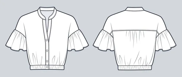 Flounce Sleeve Blouse Technical Fashion Illustration Cropped Shirt Fashion Flat — Stock Vector