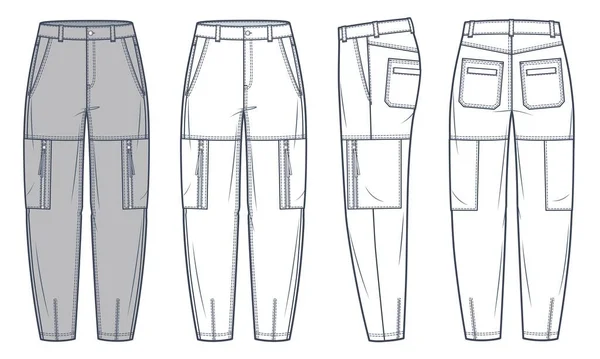 货裤技术时尚图解 灰色设计 牛仔裤裤时尚平整的技术图纸模板 精美的口袋 侧面和背面看 单面Cad模型设置 — 图库矢量图片