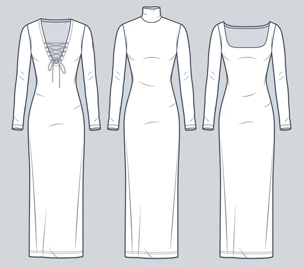 Set Von Jersey Dress Technische Mode Illustration Maxi Dress Mode — Stockvektor