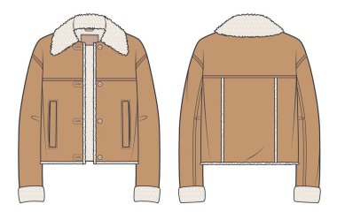 Sahte kürklü ceket, teknik moda illüstrasyonlu. Sheepskin Coat, Deri Bombacı moda düz çizim şablonu, cepler, düğme yukarı, ön ve arka görünüm, deri kahverengi renk, kadınlar, erkekler, unisex CAD modeli.