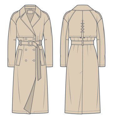 Trench Coat Teknik Moda İllüstrasyonu. Klasik Trench Coat moda düz çizim şablonu, midi boy, çift göğüslü, cep, ön ve arka görüş, bej renk, kadın, erkek, unisex CAD modeli..