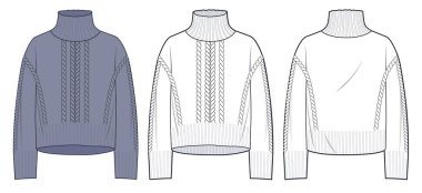 Balıkçı yaka kazak, teknik tasarım, gri tasarım. Jumper moda düz çizim şablonu, at kuyruğu, aşırı formda, ön ve arka görüş, beyaz, kadın, erkek, unisex CAD model seti.
