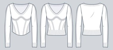 Kadın süveteri teknik moda illüstrasyonu. At kuyruğu süveter düz teknik çizim şablonu, v yaka, ince ayar, ön ve arka görüş, beyaz renk, kadın CAD model seti.