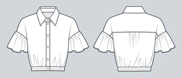 Frill Sleeve Shirt Technical Fashion Illustration 采购产品裁剪衬衫 衬衫时装平面技术绘图模板 纽扣式领子 弹性腰带 — 图库矢量图片