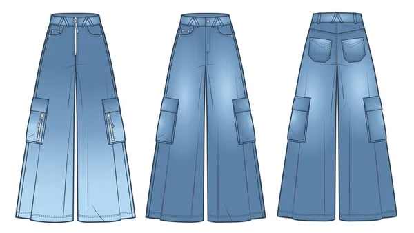Baggy Jeans裤子的技术时尚说明 宽货裤时尚平面技术图纸模板 后视图 单面Cad模型设置 — 图库矢量图片
