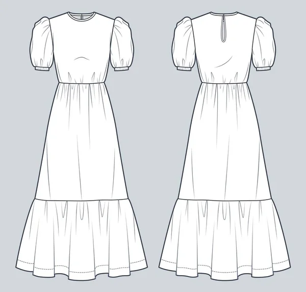 Puff Sleeve Maxi Dress Technische Mode Illustration Tiered Dress Mode — Stockvektor