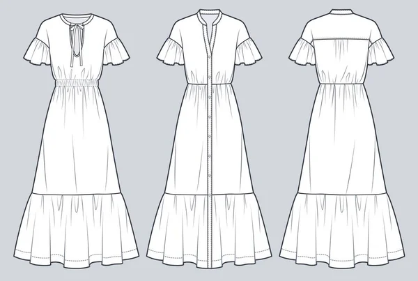 Tiered Dress Teknik Moda Illüstrasyonları Elbisenin Kollarını Fırçala Düz Teknik — Stok Vektör