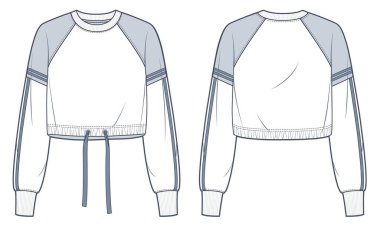 Kırpılmış Sweatshirt teknik moda illüstrasyonu. Çizimli Sweatshirt düz çizim şablonu, büyük boy, çizgiler, ön ve arka görünüm, beyaz ve gri, kadınlar, erkekler, unisex CAD model seti.