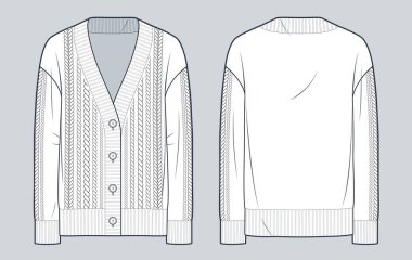 Cardigan 'ın teknik moda illüstrasyonunu kapat. At kuyruğu Cardigan moda düz çizim şablonu, v yaka, uzun kol, ön ve arka görüş, beyaz, kadın, erkek, unisex CAD model seti.