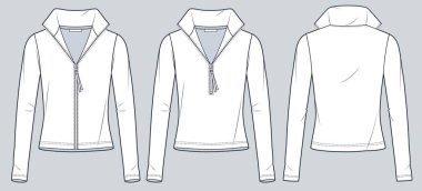  Fermuarlı Sweatshirt teknik moda illüstrasyonu. Roll Neck Sweatshirt moda düz çizim şablonu, uzun kollu, dar kesim, ön ve arka görünüm, beyaz renk, kadınlar, erkekler, unisex CAD model seti.