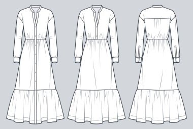 Gömlek Elbisesi Teknik Moda İllüstrasyonu. Sıralı moda düz çizim şablonu, uzun kollu, maksimum uzunluk, ön ve arka görünüm, beyaz, kadın CAD model seti.