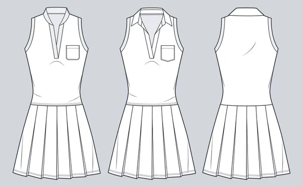 stock vector Golf Dress technical fashion illustration. Polo Shirt Dress fashion flat technical drawing template, pleated, mini length, sleeveless, v-neck, front, back view, white, women CAD mockup set.