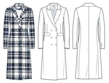 Klasik çift göğüslü ceket, teknik moda illüstrasyonu, siyah ekose tasarım. Midi Coat moda düz çizim şablonu, ön ve arka görünüm, beyaz giyimli kadın, erkek, unisex CAD model seti.