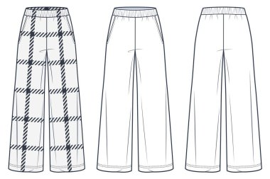 Geniş bacak pantolonlar, düz moda çizim şablonu, ekose tasarım. Sweat Pants teknik moda illüstrasyonu, cep, ön ve arka görünüm, beyaz, siyah renk, kadınlar, erkekler, unisex CAD model seti. 