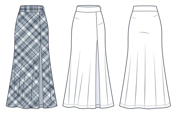 Skirt Technical Fashion Illustration Plaid Pattern Maxi Skirt Fashion Flat — Stock Vector