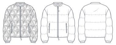 Down Jacket Teknik Moda İllüstrasyonu, geometrik baskı. Yastıklı Ceket moda düz çizim şablonu, cep, bant tasması, ön ve arka görüş, beyaz, gri, kadın, erkek, unisex CAD model seti.