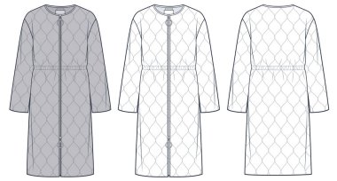 Puffer Coat Teknik Moda İllüstrasyonu. Down Jacket moda düz çizim şablonu, fermuar, bel askısı, ön ve arka görünüm, beyaz, gri, kadın, erkek, unisex Outerdress modelleme seti.