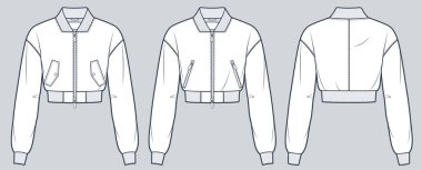 Kesik Ceket Teknik Moda İllüstrasyonu. Bombardıman ceketi düz çizim şablonu, fermuar, cep, tırtıklı, ön, arka görüş, beyaz, kadın, erkek, unisex Outerdress modelleme seti. 