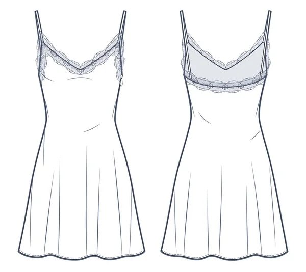 Slip Dress Technische Mode Illustration Mini Kleid Mit Spitzenbesatz Mode — Stockvektor
