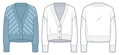 Cardigan teknik moda illüstrasyonu, mavi tasarım. Sweatshirt moda düz çizim şablonu, v yaka, aşağı düğme, ön ve arka görünüm, beyaz, kadın, erkek, unisex CAD model seti.