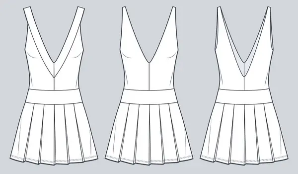 Plunge Φόρεμα Τεχνική Απεικόνιση Μόδας Pleated Dress Fashion Flat Technical — Διανυσματικό Αρχείο