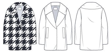 Kürk Ceket Teknik Moda İllüstrasyonu, Houndstootch Tasarımı. Büyük boy Kürk manto moda düz çizim şablonu, cepler, ön ve arka görünüm, beyaz, kadın, erkek, unisex CAD model seti.