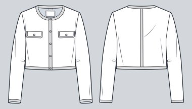 Kırpılmış Ceket Teknik Moda İllüstrasyonu. Düğmeli ceket düz teknik çizim şablonu, cepleri, ön ve arka görünümü, beyaz, kadın CAD modeli.