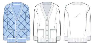 Cardigan Süveter Teknik moda tasarımı, ekose tasarımı. Sweatshirt moda düz çizim şablonu, v yaka, düğme aşağı, cepler, ön ve arka görünüm, beyaz, mavi, kadın, erkek, unisex CAD model seti.
