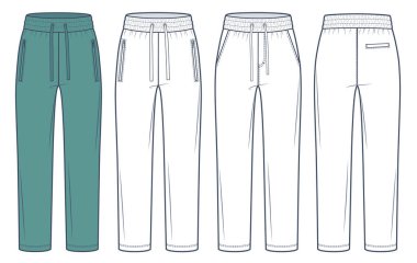 Koşu Pantolonu moda düz teknik çizim şablonu. Sweat Pants teknik tasviri, rahat forma, düz bacak, cepler, elastik bel, ön, arka görüş, beyaz, yeşil, kadınlar, erkekler, unisex CAD model seti. 