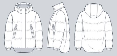 Unisex Puffer Jacket Teknik Moda İllüstrasyonu. Kapüşonlu Ceket, Paltolu Moda Düz Çizim Şablonu, Cepler, Cepler, Ön, Yan ve Arka Görünüm, Beyaz, Kadın, Erkek, Üniseks Üniforma Üniforması.