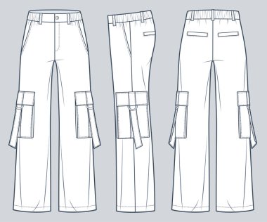 Kargo Pantolonu Teknik Moda İllüstrasyonu. Geniş Pantolon Düz Teknik Şablon, cepler, elastik bel, ön, yan ve arka görüş, beyaz, kadın, erkek, unisex CAD modelleme seti.