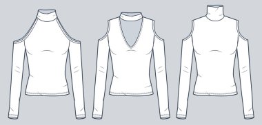 Cold Shoulder Top teknik moda illüstrasyonu. Roll Neck moda düz çizim şablonu, uzun kollu, v yaka, kısa kesim, dar kesim, ön görüş, beyaz, kadın Top CAD model seti.