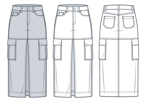 stock vector Cargo midi Skirt technical fashion illustration. Denim Skirt fashion flat technical drawing template, front slit, midi length, pockets, front zip-up, front and back view, white, grey, women CAD mockup set. 