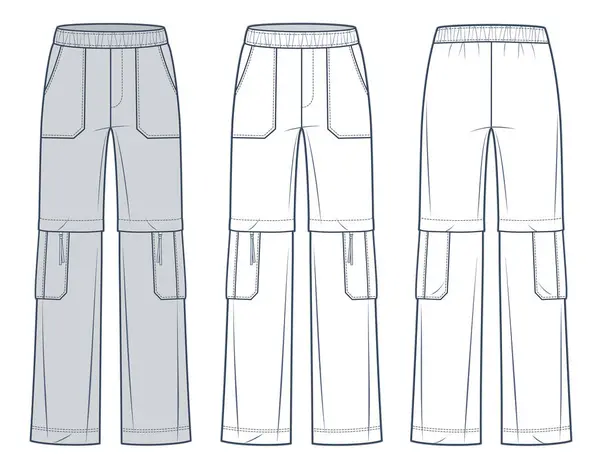 stock vector Cargo Joggers fashion flat technical drawing template. Sweat Pants technical fashion Illustration, relaxed fit, straight leg, pockets, elastic waistband, front, back view, white, grey, women, men, unisex CAD mockup set. 