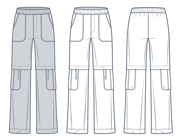 Cargo Joggers fashion flat technical drawing template. Sweat Pants technical fashion Illustration, relaxed fit, straight leg, pockets, elastic waistband, front, back view, white, grey, women, men, unisex CAD mockup set. 