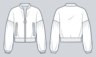 Fermuarlı Bombacı Ceketi moda düz çizim şablonu. Ceket, Sweatshirt teknik moda illüstrasyonu, balon kolu, ön ve arka görünüş, beyaz, kadın, erkek, unisex CAD modeli.
