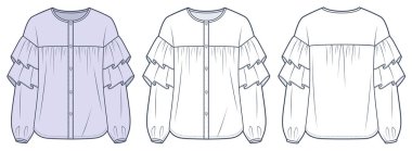 Ruffled Bluz Teknik Moda İllüstrasyonu. Balon kollu gömlek düz teknik çizim şablonu, uzun kollu, düğmeli, önden ve arkadan görünüşlü, beyaz, eflatun, kadın Top CAD modelleme seti
