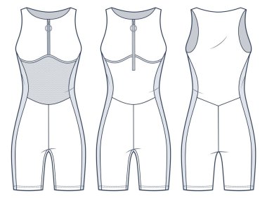 Ağlı, teknik desenli spor vücut giysisi. Bir adet Mayo Moda Düz Teknik Şablonu, fermuar, dar kesim, ön ve arka görünüm, beyaz, kadın spor giyim modelleme seti.