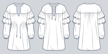 Kadınlar Ruffle Giysileri Teknik Moda İllüstrasyonu. Bohem kravatı Düz Teknik Şablon, V yaka, mini boy, balon uzun kol, ön ve arka görüş, beyaz, kadın elbisesi modelleme seti.