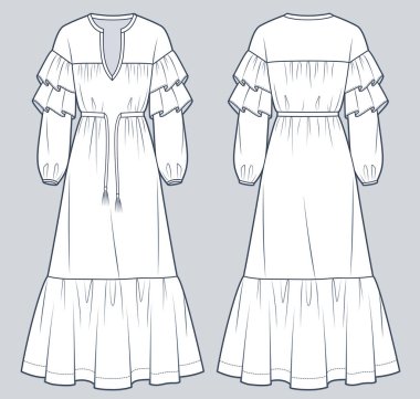 Boho Elbise Teknik Moda İllüstrasyonu. Ruffle elbisesi düz çizim şablonu, v yaka, maksimum boy, balon kolu, katlı, ön ve arka manzara, beyaz, kadın elbisesi CAD modeli.