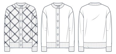 Örgü Cardigan teknik moda illüstrasyonu, ekose tasarım. Sweatshirt moda düz çizim şablonu, yuvarlak boyun, aşağı düğme, ön ve arka görünüm, beyaz, kadın, erkek, unisex CAD model seti.